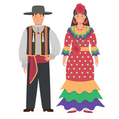 Cartoon men's and women's costumes of Spain character for children. Flat vector illustration