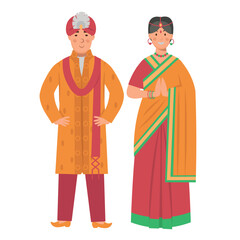 Cartoon men's and women's costumes of india, character for children. Flat vector illustration