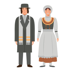 Cartoon men's and women's israel costume, character for children. Flat vector illustration