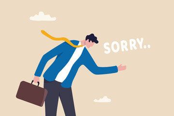 Apologize or say sorry, regret for what happen asking for forgiveness, professional or leadership after mistake or failure, pardon or feel sad concept, businessman bow down say sorry for apologize. - obrazy, fototapety, plakaty