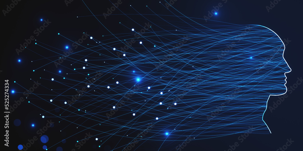 Aufkleber Abstract wide digital head outline with glowing lines and blurry bokeh circles on blue backdrop. Technology, future, ai and machine learning concept. 3D Rendering.