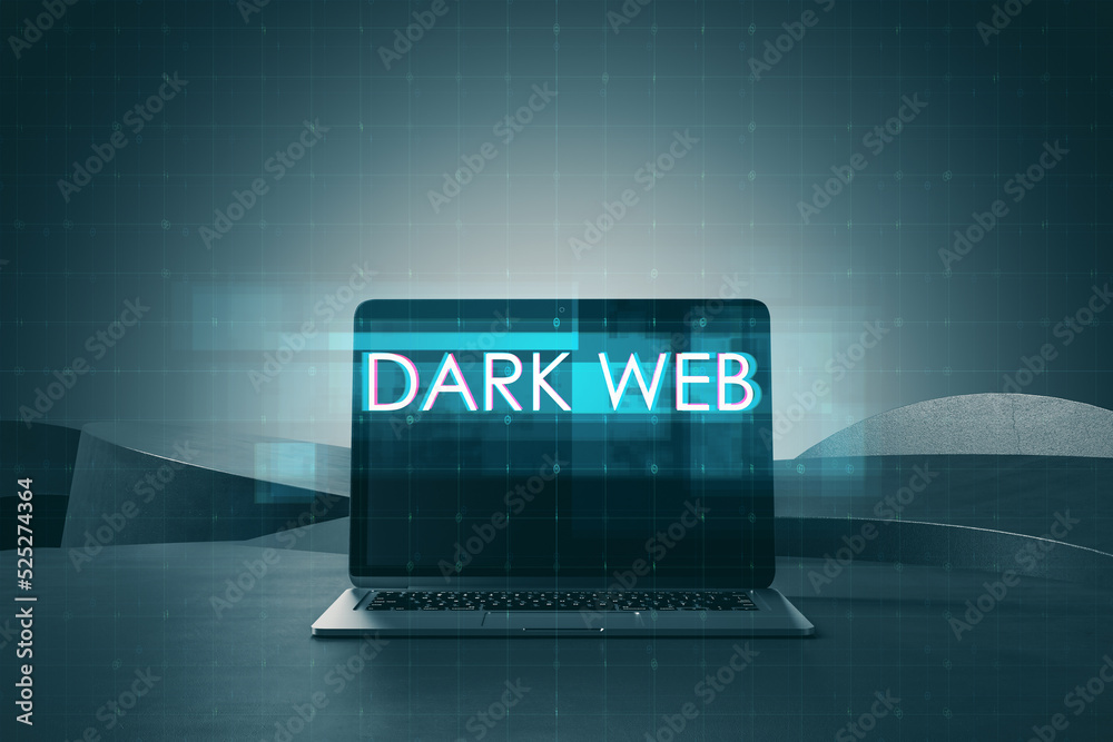 Poster close up of laptop with creative digital text hologram on blurry background. dark web, technology an
