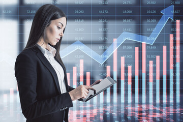 businesswoman using tablet with creative growing financial forex chart with upward arrow on blurry office interior background. Market, stock and trading concept. Double exposure.
