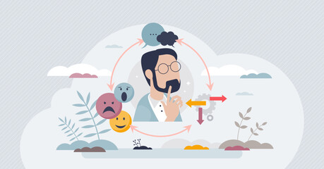 CBT or cognitive behavioral therapy for mental problems tiny person concept. Psychotherapy treatment session with counseling methods vector illustration. Mind cognition and emotional feeling care.