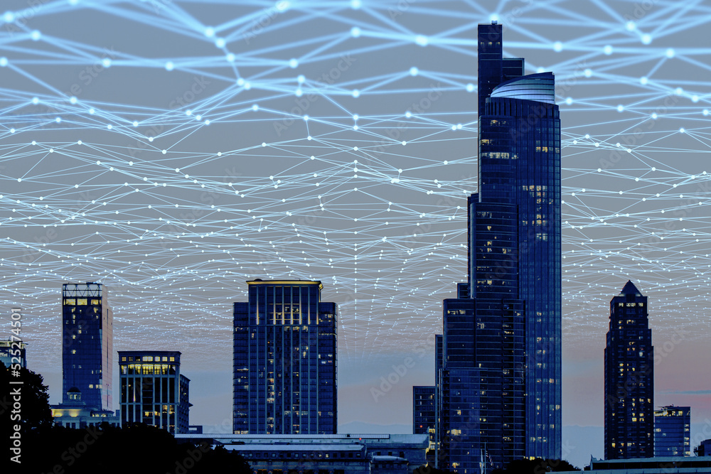 Poster abstract polygonal mesh city skyline background. smart city and web network concept. double exposure
