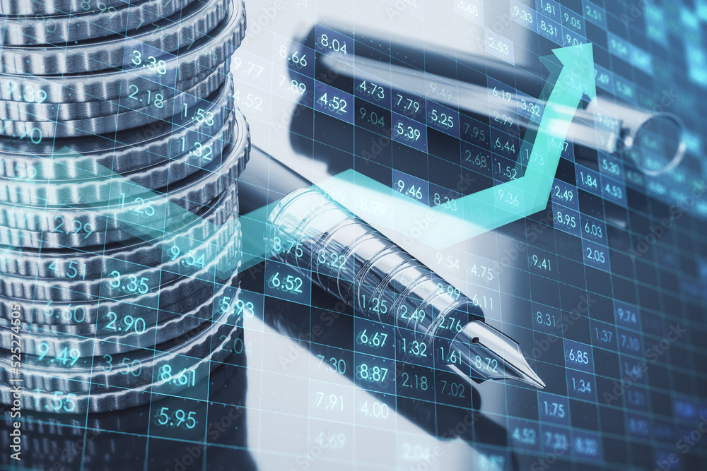 Poster stacked coins and pen with creative glowing forex chart and arrows on index grid hologram, blurry ba