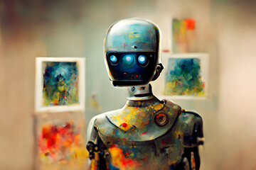 Fototapeta white anthropomorphic robot artist near wall with its paintings, close portrait - neural network generated art, picture produced with ai in 2022 obraz
