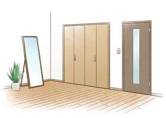 扉が閉じたクローゼットと姿見