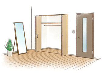 扉が開いたクローゼットと姿見＿中身なし