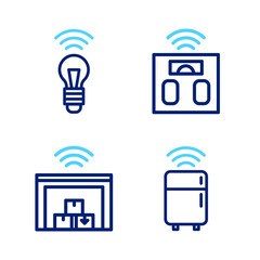 Set line Smart refrigerator, warehouse, bathroom scales and light bulb icon. Vector