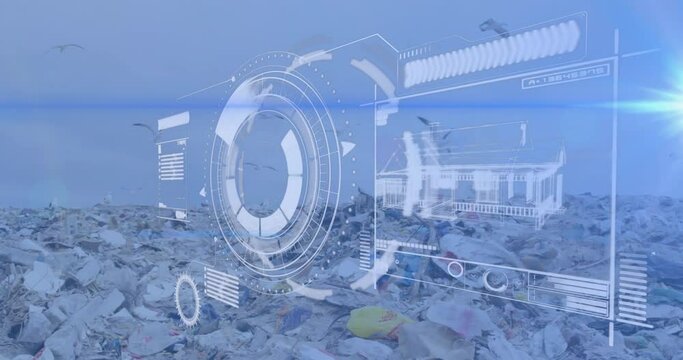 Animation of digital scanner with interface and birds flying over junkyard against clear sky - Powered by Adobe