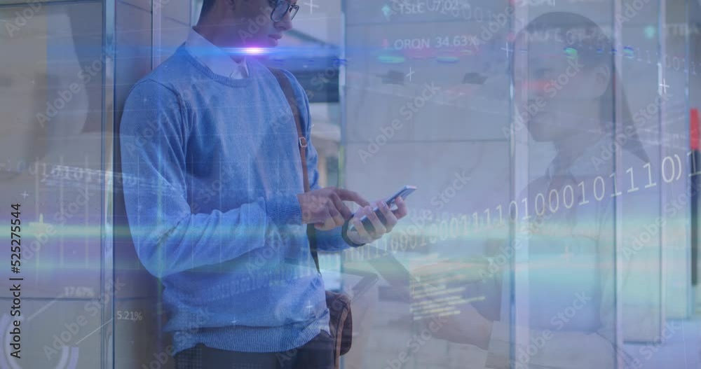 Poster animation of binary data, coding, flare over man using cellphone and coworkers discussing in office