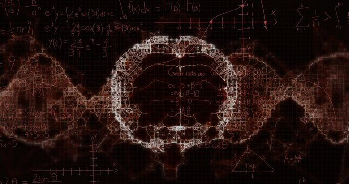 Animation of human brain and dna helix over mathematics formulas and geometry angles