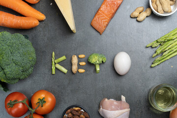 Diet plan food. ketogenics food ingredients background. have a keto text in the middle.