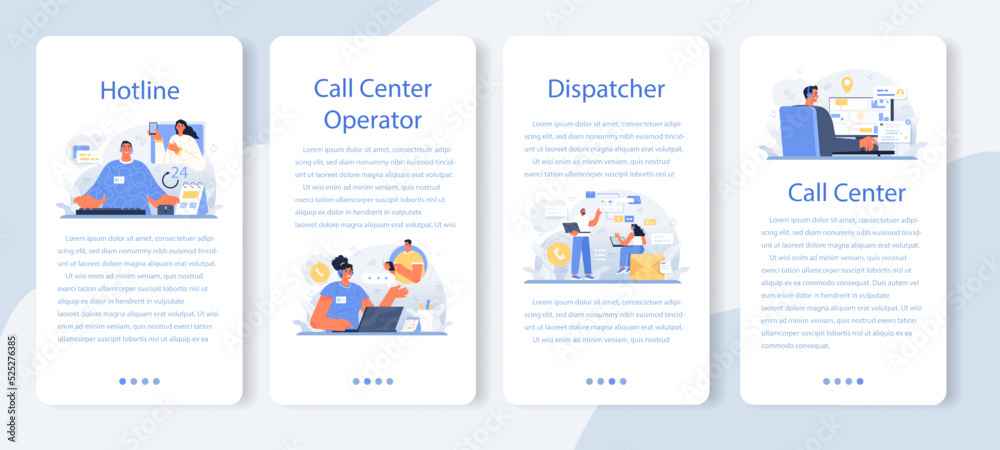Poster call center operator mobile application banner set. technical support