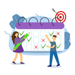 Boy and girl business planning concept. Business plan on calendar schedule planning. Flat vector illustrations business organizing process.