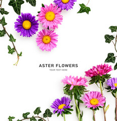 Summer aster flowers and ivy leaves creative layout.