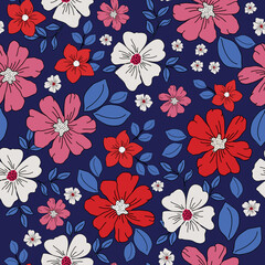 Simple vintage pattern. pink ,white and red flowers, blue leaves. dark blue background. Fashionable print for textiles and wallpaper.