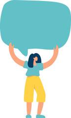 Young flat vector woman holding turquoise speech bubble communication. Concept of announcement, advertising, promotion, business, demonstration, empty template illustration