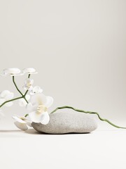 3d stone display podium with white orchid flower against beige background. 3d rendering of realistic presentation for product advertising. 3d minimal illustration.