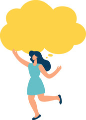 Young flat vector woman holding yellow speech bubble communication. Concept of announcement, advertising, promotion, business, demonstration, empty template illustration