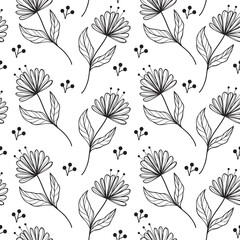 black and white line drawing seamless floral pattern