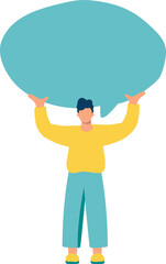 Young vector flat man holding turquoise speech bubble. Concept of announcement, advertising, promotion, business, demonstration, empty template illustration