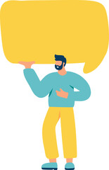 Young vector flat man holding yellow speech bubble. Concept of announcement, advertising, promotion, business, demonstration, empty template illustration