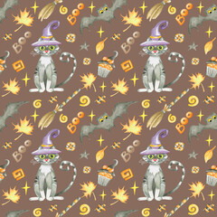 Watercolor seamless halloween pattern with gray cat,bat,cupcake,broom,sweet candy,maple leaf and stars on brown background.For kids texture,fabrics.