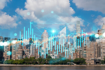 Skyscrapers Cityscape Downtown View, New York Skyline Buildings. Beautiful Real Estate. Day time. Forex Financial graph and chart hologram. Business education concept.