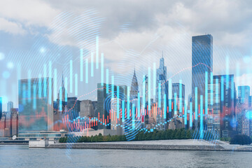 Skyscrapers Cityscape Downtown View, New York Skyline Buildings. Beautiful Real Estate. Day time. Forex Financial graph and chart hologram. Business education concept.