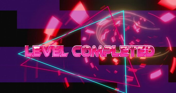 Animation of level completed text over neon tunnel - Powered by Adobe