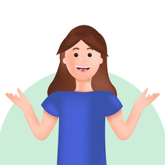  3d vector girl character illustration. 3d girl shrugging, 3d happy positive vector girl. 