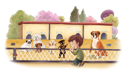 Illustration of boy visiting the kennel - 525280703