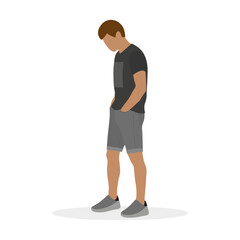 A man in shorts and with his hands in his pockets stands and looks down on a white background