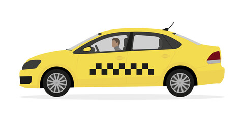 Yellow taxi with driver on a white background