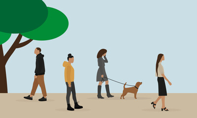 Male character and female characters, one of them with a dog, are walking outdoors