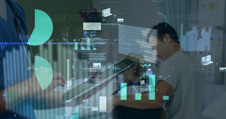Animation of data processing over caucasian male health worker using digital tablet at hospital - Powered by Adobe