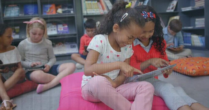 Animation of hud processing over multiracial elementary students using digital tablets in classroom