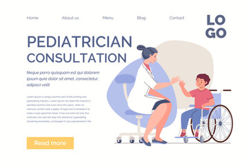 Doctor and child in wheelchair. Concept of medical, rehabilitation and psychological assistance to patients with disabilities. Vector characters flat cartoon illustration. Landing page template.