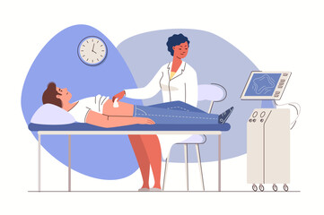 Concept of healthcare. Scene of ultrasound diagnosis, medical examination and treatment, doctor with patient. Character flat cartoon illustration. Vector.
