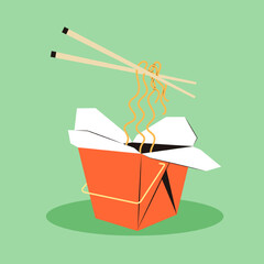 Ramen in a red wok takeaway bag. Asian type of food. Illustration of traditional udon in vintage style. Vector flat illustration for menu and restaurant design.