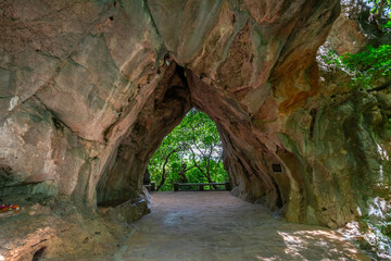 The cave shaped like a Bodhi leaf at Wat Cha Am Khiri, Phetchaburi, Thailand