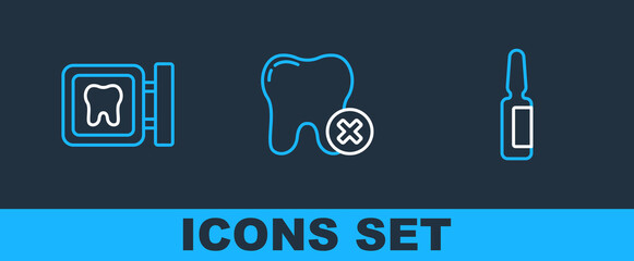 Set line Painkiller tablet, Dental clinic location and Tooth with caries icon. Vector