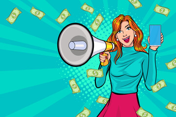 surprise shocking successful business woman holding megaphone and Falling Money say WOW OMG Pop art retro comic style