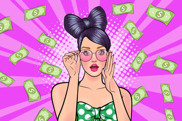 surprise business woman successful and shocking with Falling Money say WOW OMG Pop art retro comic style