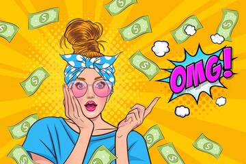 surprise business woman successful and shocking with Falling Money say WOW OMG Pop art retro comic style