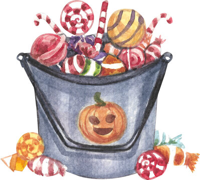 Halloween candy bucket watercolor painting.	
