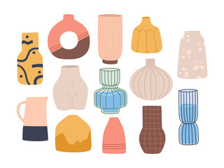 Different ceramic vases set, pottery in minimalist boho style for logo, pattern and posters, hand drawn decorative jugs and bowls for trendy interior, modern abstract bohemian shapes illustration