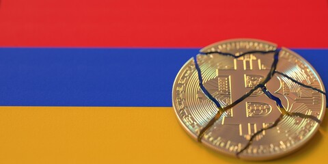 Flag of Armenia and destroyed bitcoin. Cryptocurrency ban or restrictions related 3d rendering
